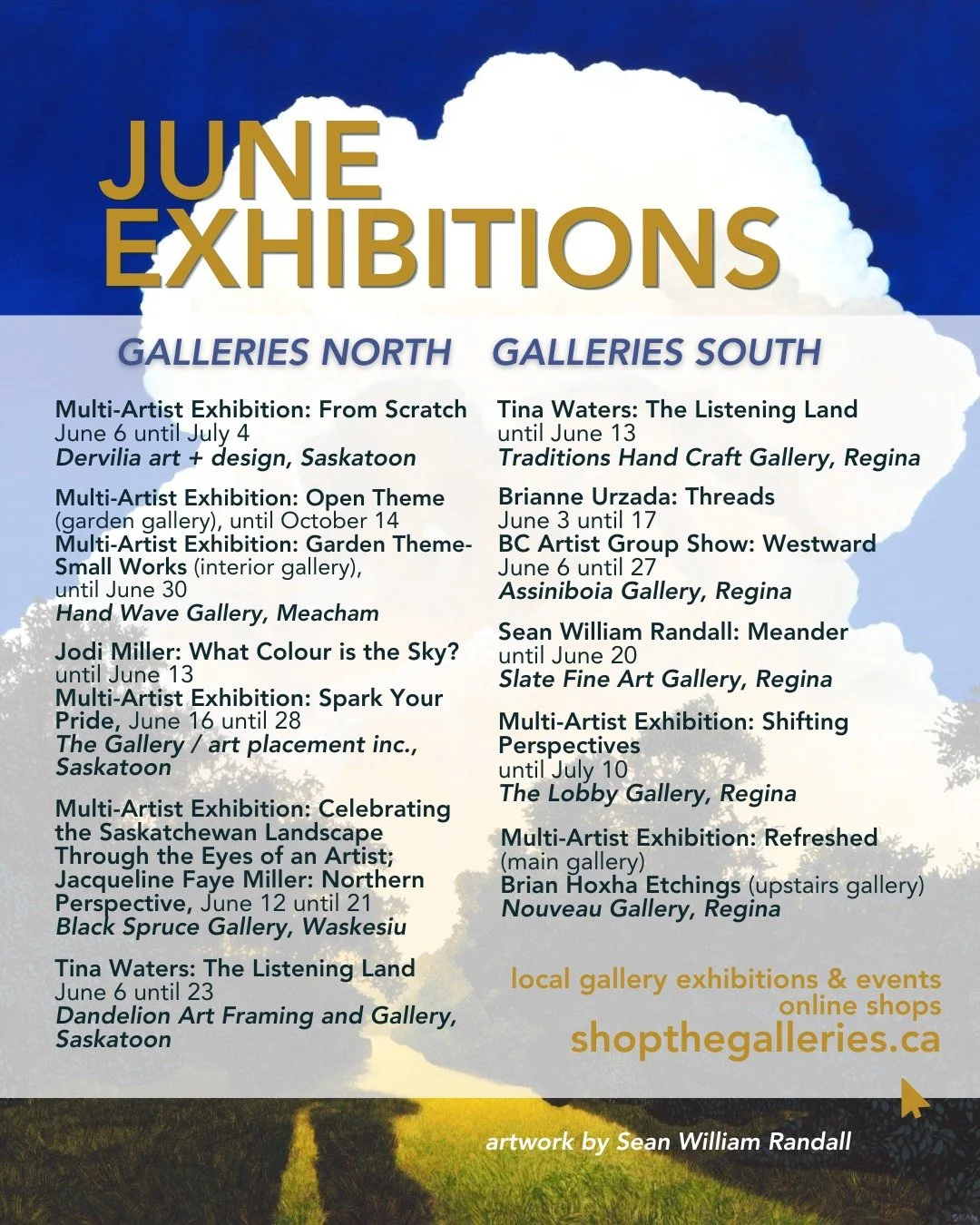 🗓 June exhibitions at your local galleries.

Shop local. Shop original. www.shopthegalleries.ca.

#SaskArt #SaskGalleries #ShopLocal #ShopOriginal #DiscoverOriginalArt