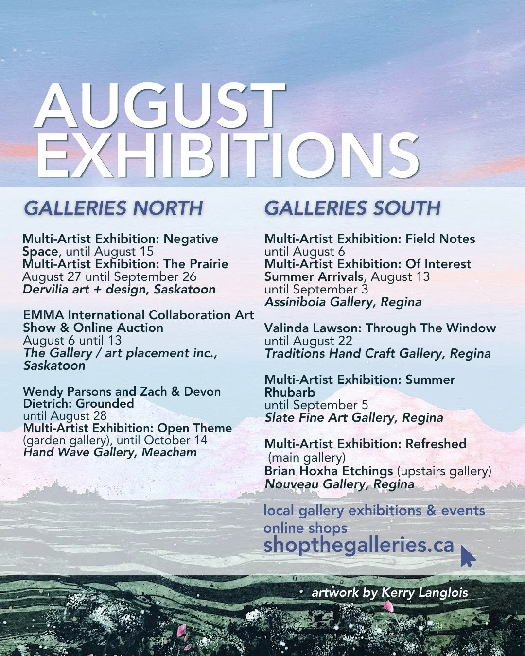 🗓 August exhibitions at your local galleries.

Shop local. Shop original. www.shopthegalleries.ca.

#SaskArt #SaskGalleries #ShopLocal #ShopOriginal #DiscoverOriginalArt