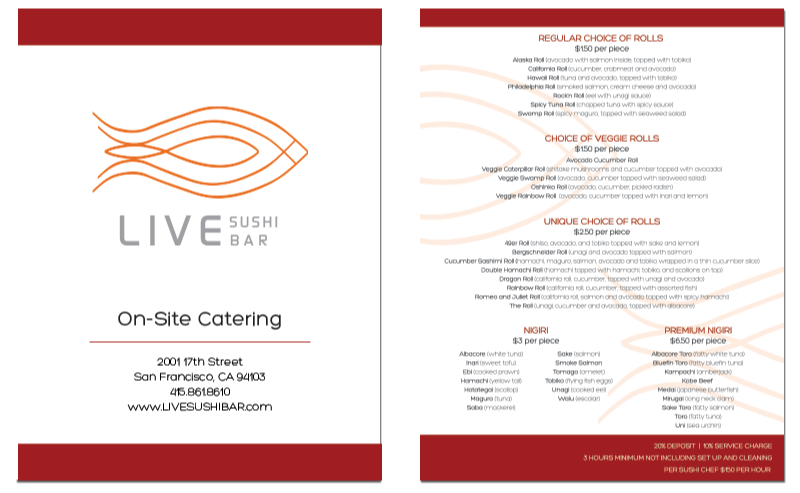Live Sushi Bar/Bistro's Catering Menu