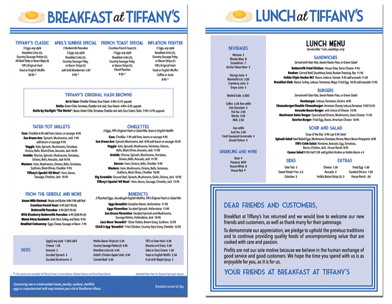 Breakfast at Tiffany's Menu