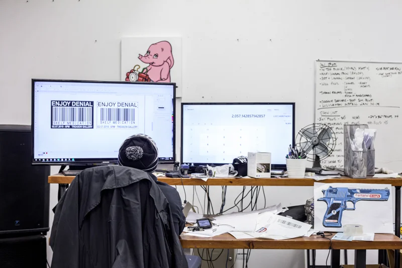 Enjoy Denial in studio preparing for his exhibition 'Shelf Medication' Jan 2019