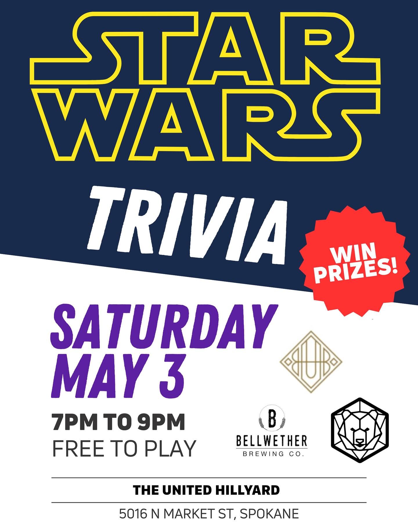 Be there.
Join us Saturday for Star Wars Trivia @theunitedbuilding in partnership with our upstairs friends @beartotemspokane
#starwarsday #spokaneevents #hillyard #bellwetherbrewing #spokane #spokanelocal #wabeer