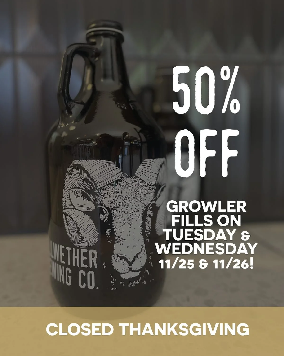 50% off GROWLER FILLS

Tuesday &amp; Wednesday, stop by either location &amp; fill this growlers for your gatherings on Thursday!

WEEKLY HOURS:
Tues/Wednesday: OPEN 
Thursday: CLOSED 🦃
Friday/Saturday: OPEN at Monroe, CLOSED at Market 

We&rsquo;re