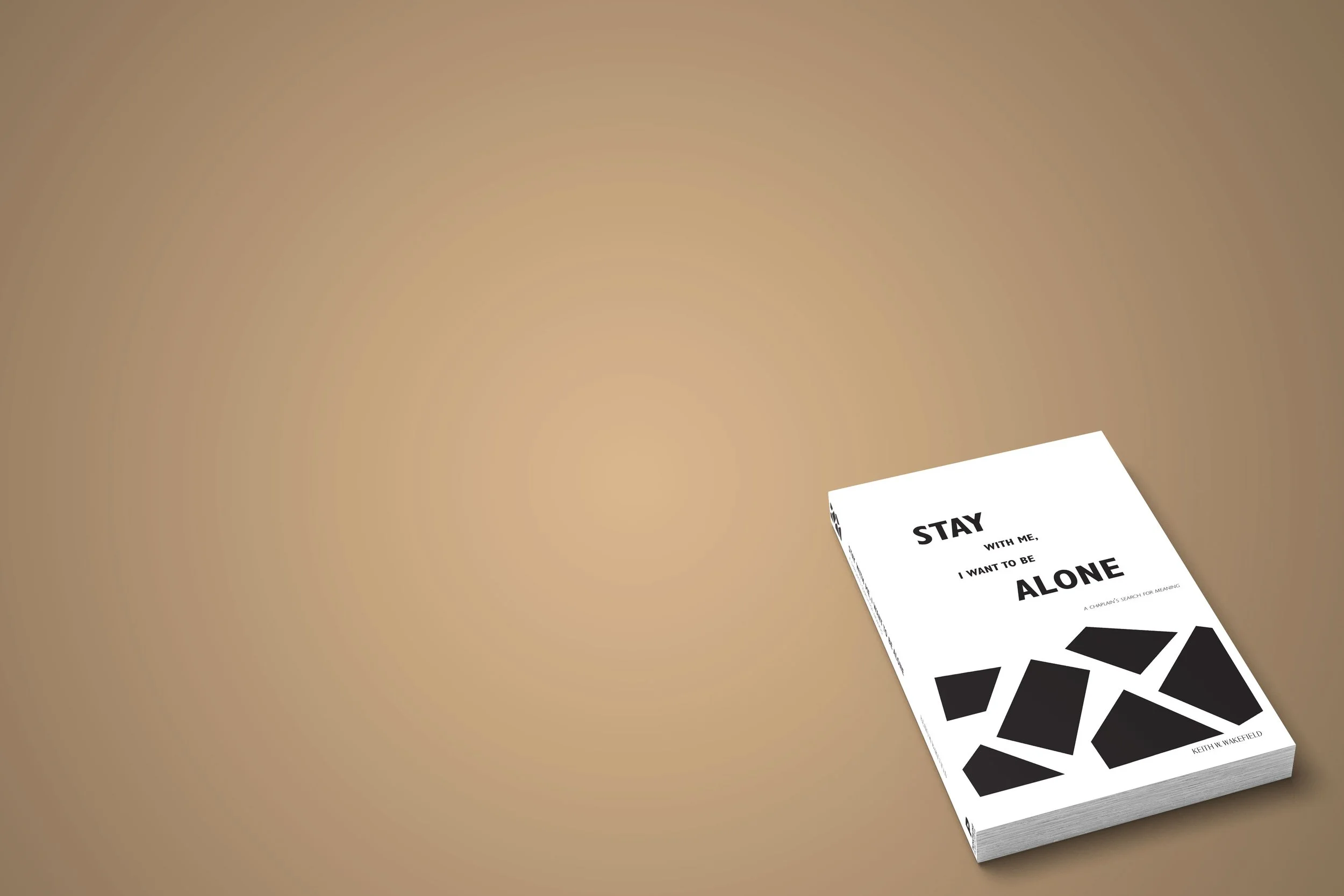 Book titled 'Stay Alone' by Keith W. Wakefield, on a brown surface, with the title and black geometric shapes on the cover.