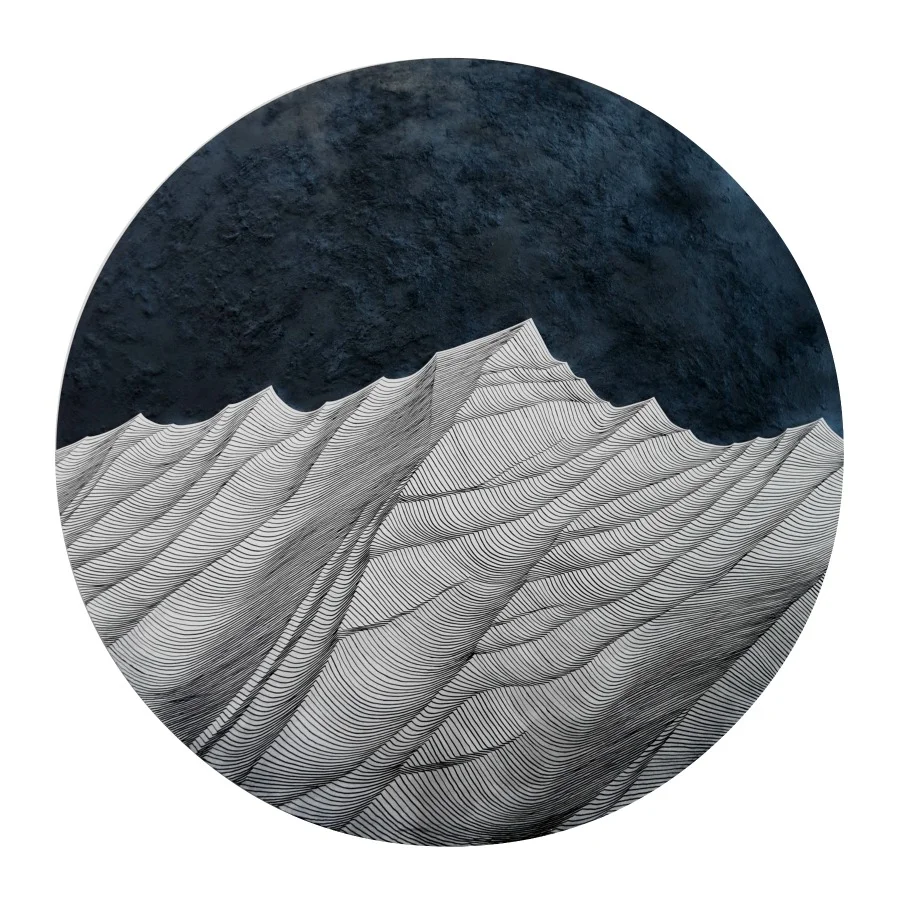 70” x 70” x 2” Multi layered wood panels with hidden LED lighting behind mountain peaks that shines up the surface of the black moon. sold