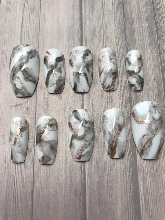 rose gold and white marble fake nails - VixenNails
