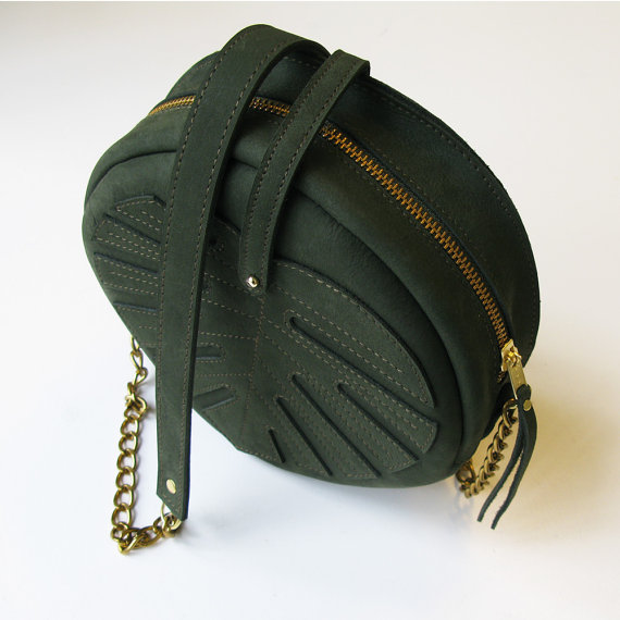 dark green leather leaf circle bag - LaLisette