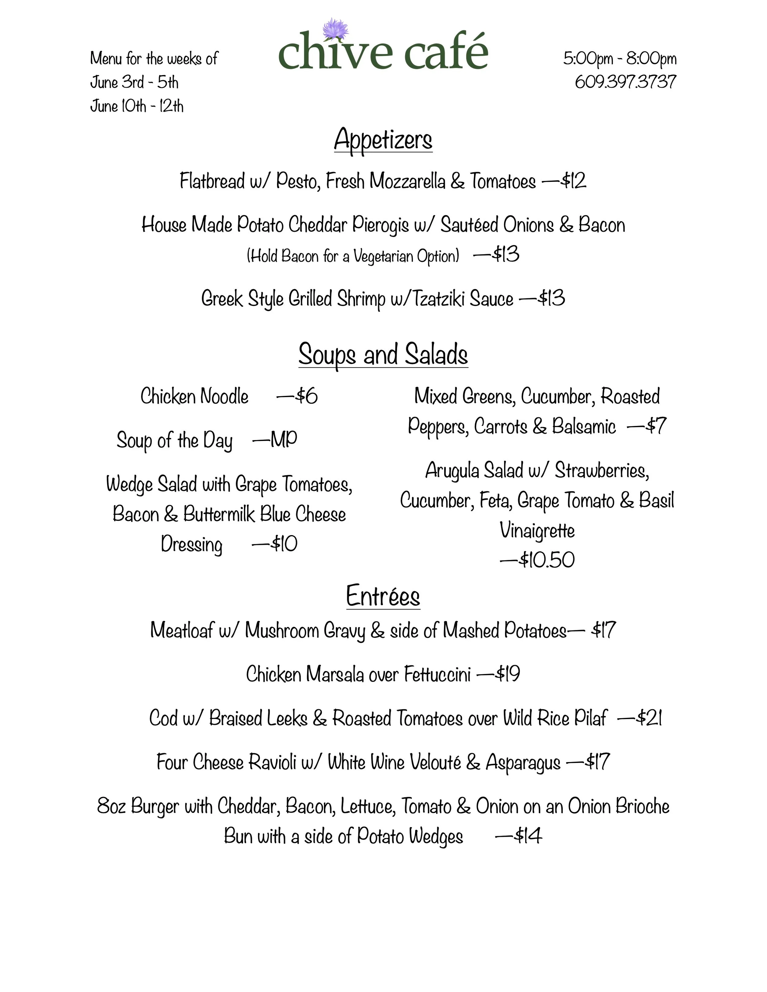 Pop Up Dinner Menu — Chive Café & Catering