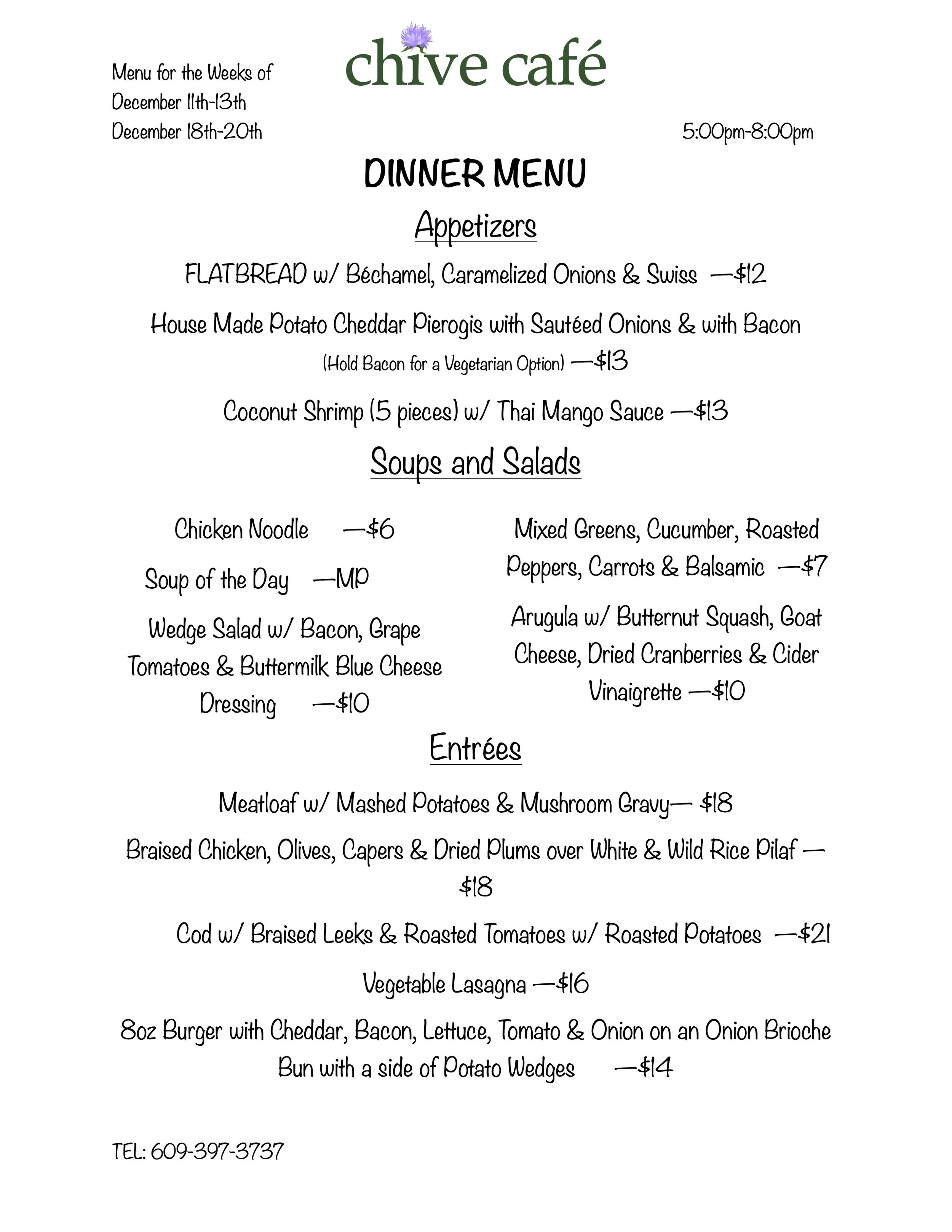 Pop Up Dinner Menu — Chive Café & Catering