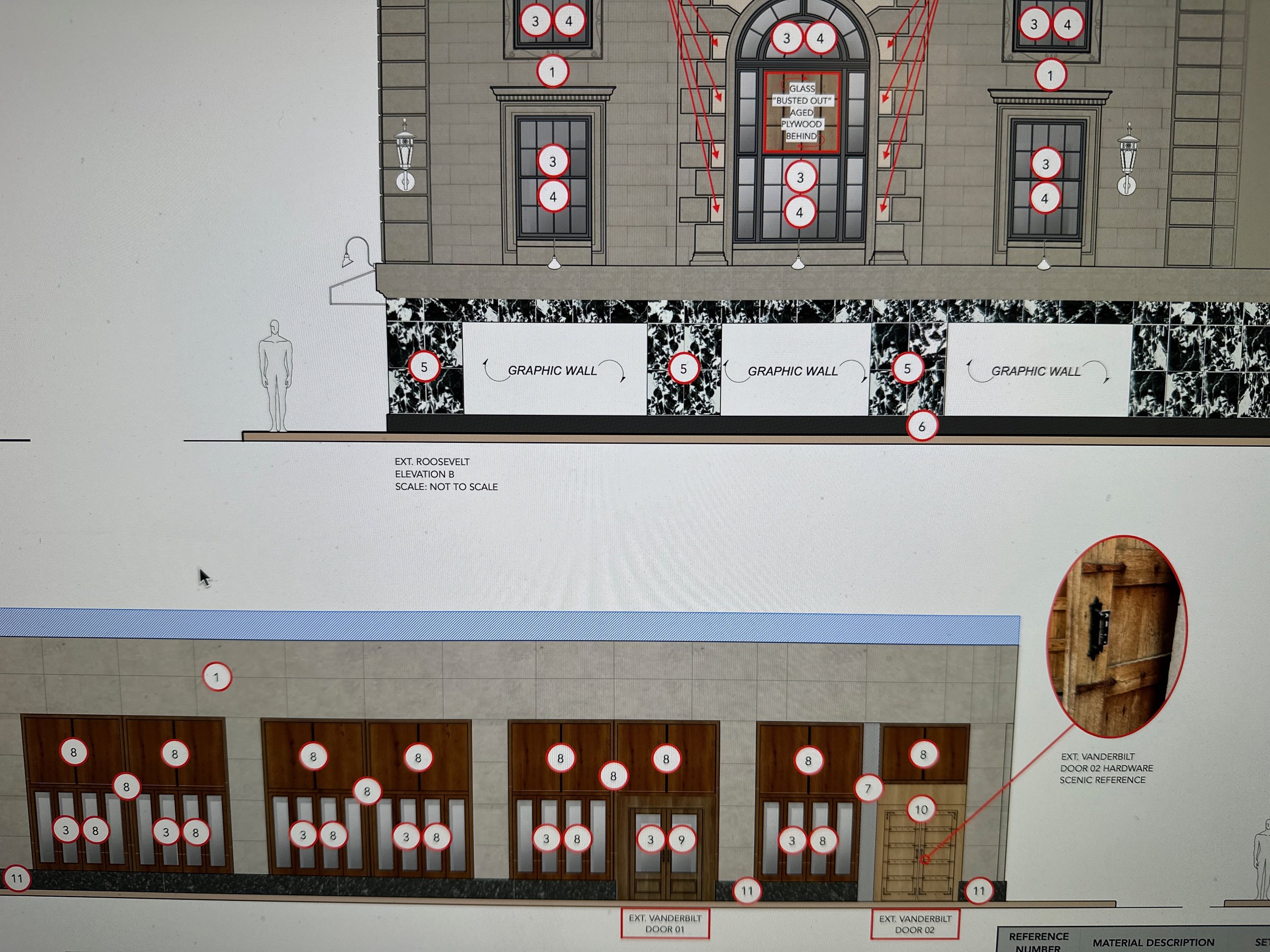 Architectural drawing of a building with labeled details, including exterior Roosevelt elevation with graphic walls and exterior Vanderbilt door hardware, and detailed door designs.