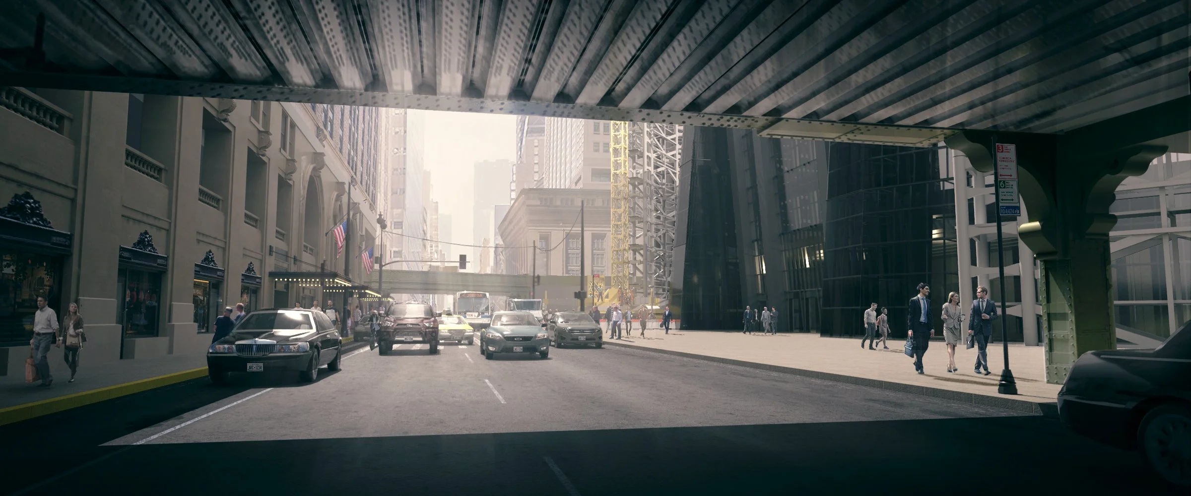 City street scene viewed from undercover parking area showing cars, pedestrians, and tall buildings in the background.