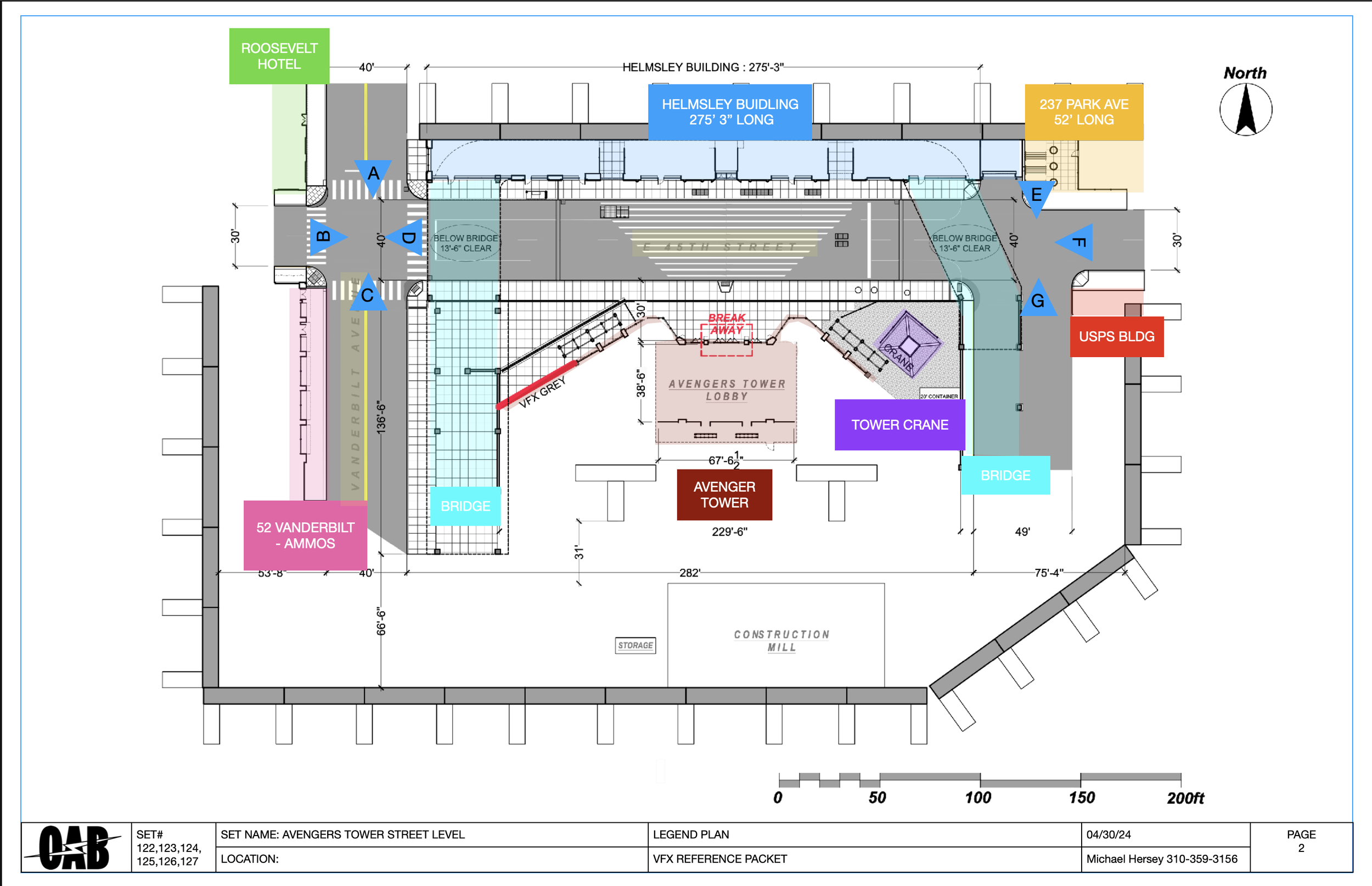 Floor plan of Avengers Tower Street Level with labeled sections including USPS building, Vanderbilt Ammos, Roosevelt Hotel, Park Avenue, Helmsley Building, and various labeled bridges and landmarks.
