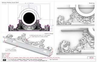 Architectural drawing of a building facade with detailed front elevation, section views, and plan view showing decorative elements and structural details.