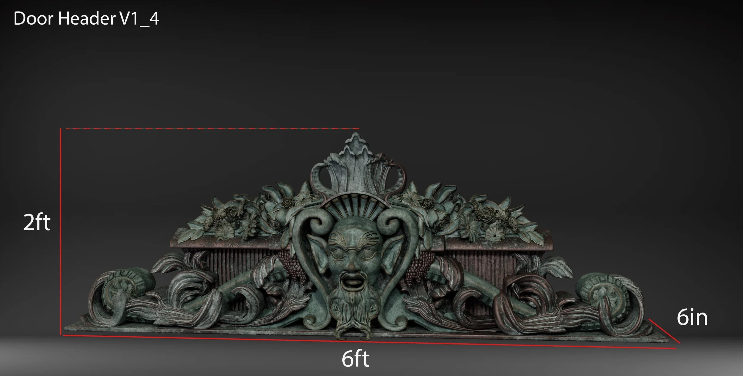 A decorative door header with a mythological creature face, floral motifs, and scrollwork, measuring 6 feet wide, 2 feet high, and 6 inches deep.