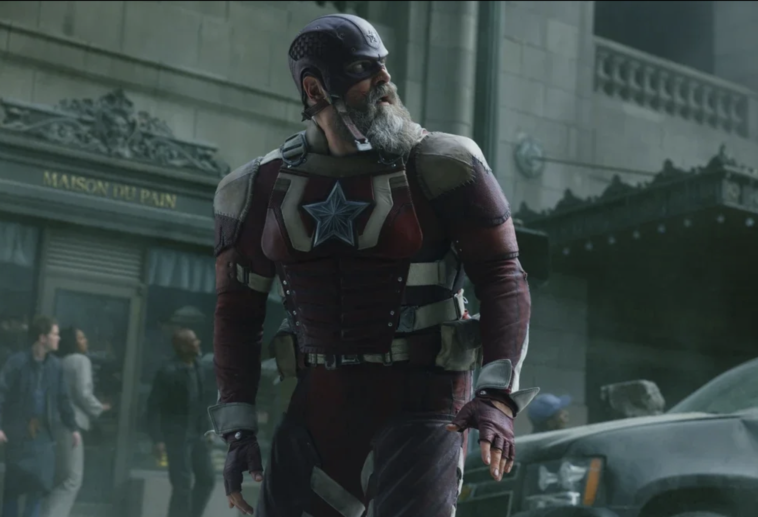 Red Guardian wearing a helmet and tactical gear, standing on a set of a NYC city street built in Atlanta. The Void Florence Pugh  with people and cars in the background. Thunderbolts New York Backlot build Marvel Studios