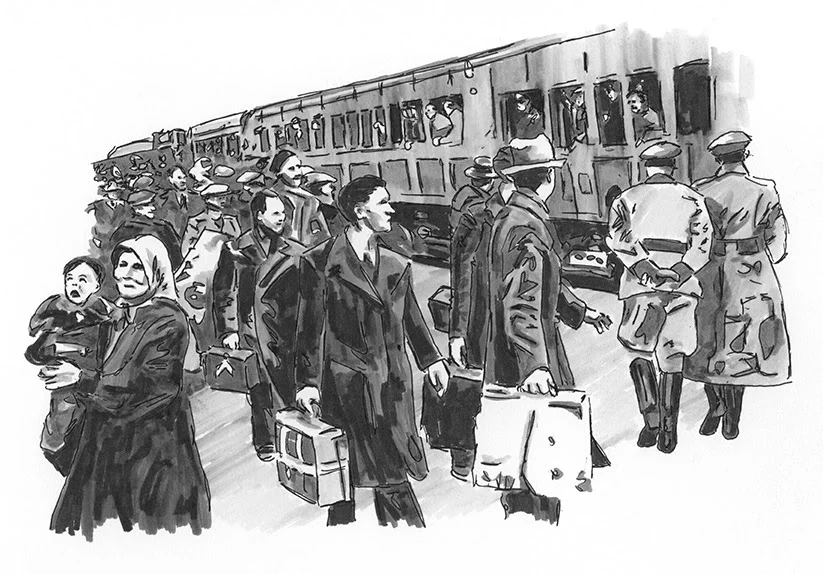 Young Ernst is rescued by the resistance in this storyboard rendering by artist Clayton Ballard.