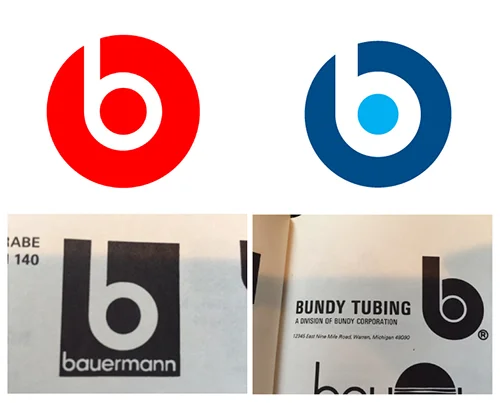 TOP LEFT: Beats by Dre logo 2012 TOP RIGHT: A logo I made in 1998 for a now defunct tech company, nearly 15 years before the Dre logo BOTTOM LEFT AND RIGHT: Old logos from the 1960's out of a logo book