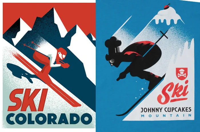 LEFT: My Ski Colorado poster, 2012 RIGHT: Johnny Cupcakes T shirt, 2015 I’m on the fence about this one. Obviously they didn’t just trace my design. On the other hand, the entire concept, layout, angles and textures are all remarkably similar to mine. Inspired by or ripped-off? My design was obviously inspired by vintage travel posters, which was what the client asked for.