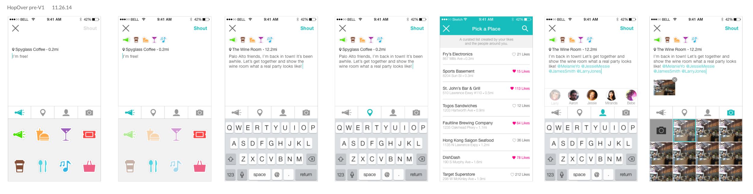 NOTE: the screens above are old high-fidelity wireframes to illustrate how to compose a Hop. The visual design went through another pass before launching on the App Store.