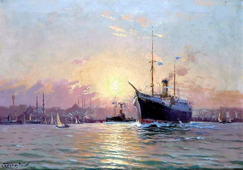 “Vapurlu İstanbul Manzarası”, 50x69 cm, tuval üzerine yağlıboya. Fotoğraf: © Antik A.Ş. arşivi.