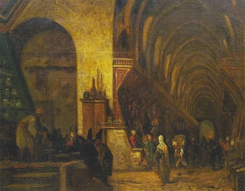 Resim 11) Fabius Brest, “Mısır Çarşısı, İstanbul’da Baharat ve İlaç Pazarı”, tuval üzerine yağlıboya, 58x 81.5 cm, özel koleksiyon, İstanbul. 