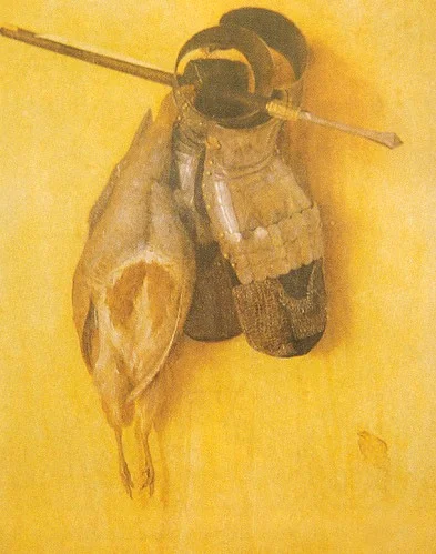Jacopo de Barbari (1445/50-1516) "Keklik ve Demir Zırh Eldivenli Ölüdoğa" 1504 Ahşap pano üzerine yağlıboya 51.6 x 42.4 cm. (Münih Alte Pinakothek)