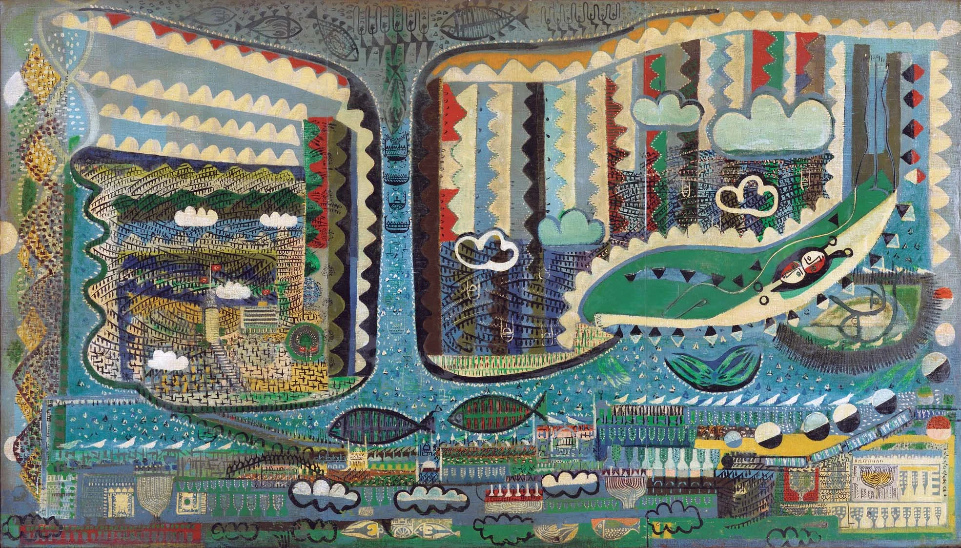 Bedri Rahmi Eyüboğlu, 1955, “İstanbul”, tuval üzerine yağlıboya (ahşaba marufle), 191x335 cm, imzalı, Eyüboğlu Aile Koleksiyonu.