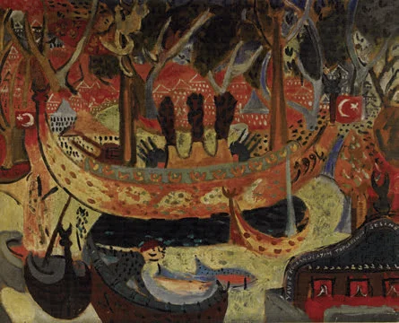 Bedri Rahmi Eyüboğlu, “Yavuz Geliyor Yavuz”, tuval üzerine yağlıboya, 115x145 cm, Mehmet Hamdi Eyüboğlu Koleksiyonu.