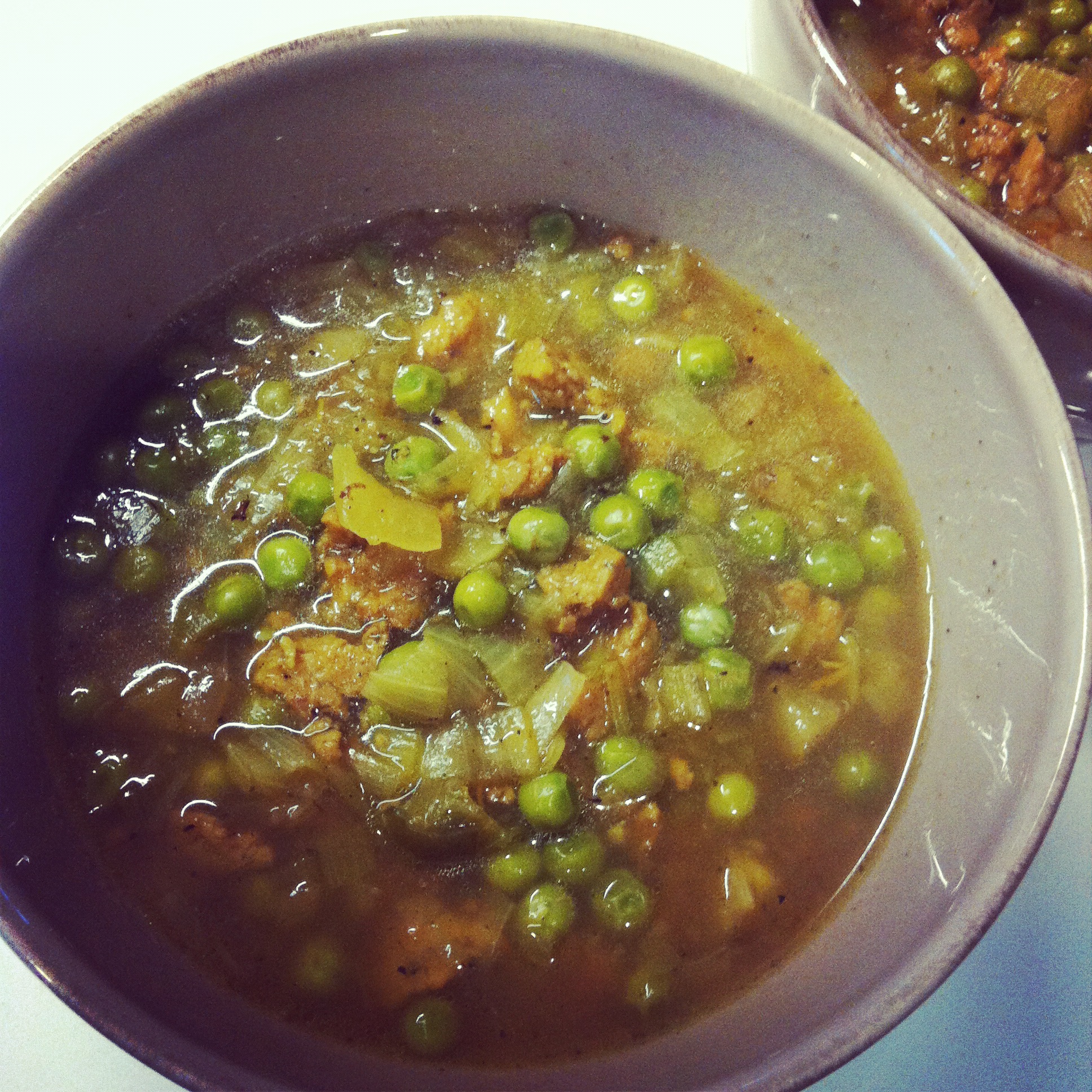 Fresh Pea and Vegan Sausage Soup