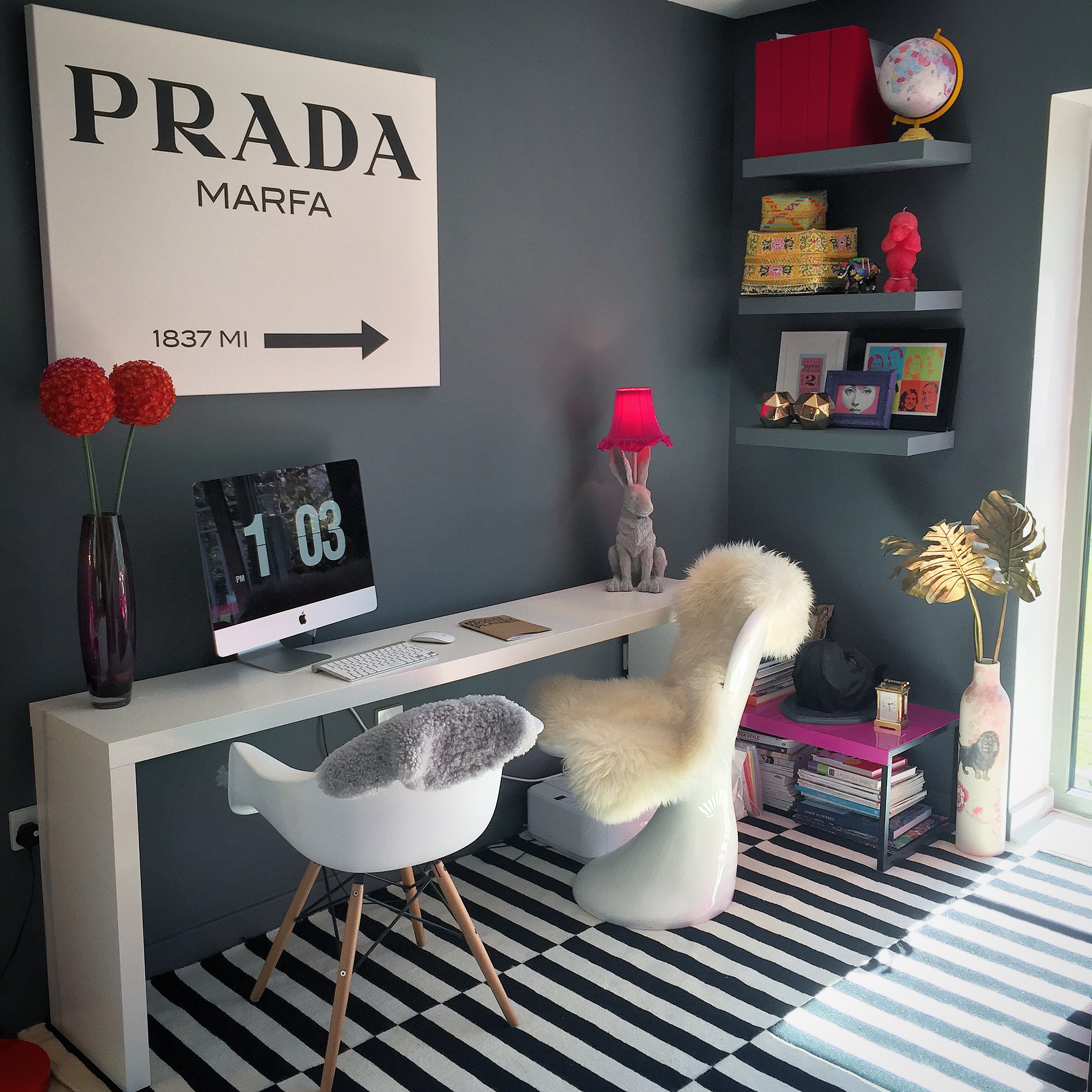 Stella + the Stars home office featuring lots of sheepskin