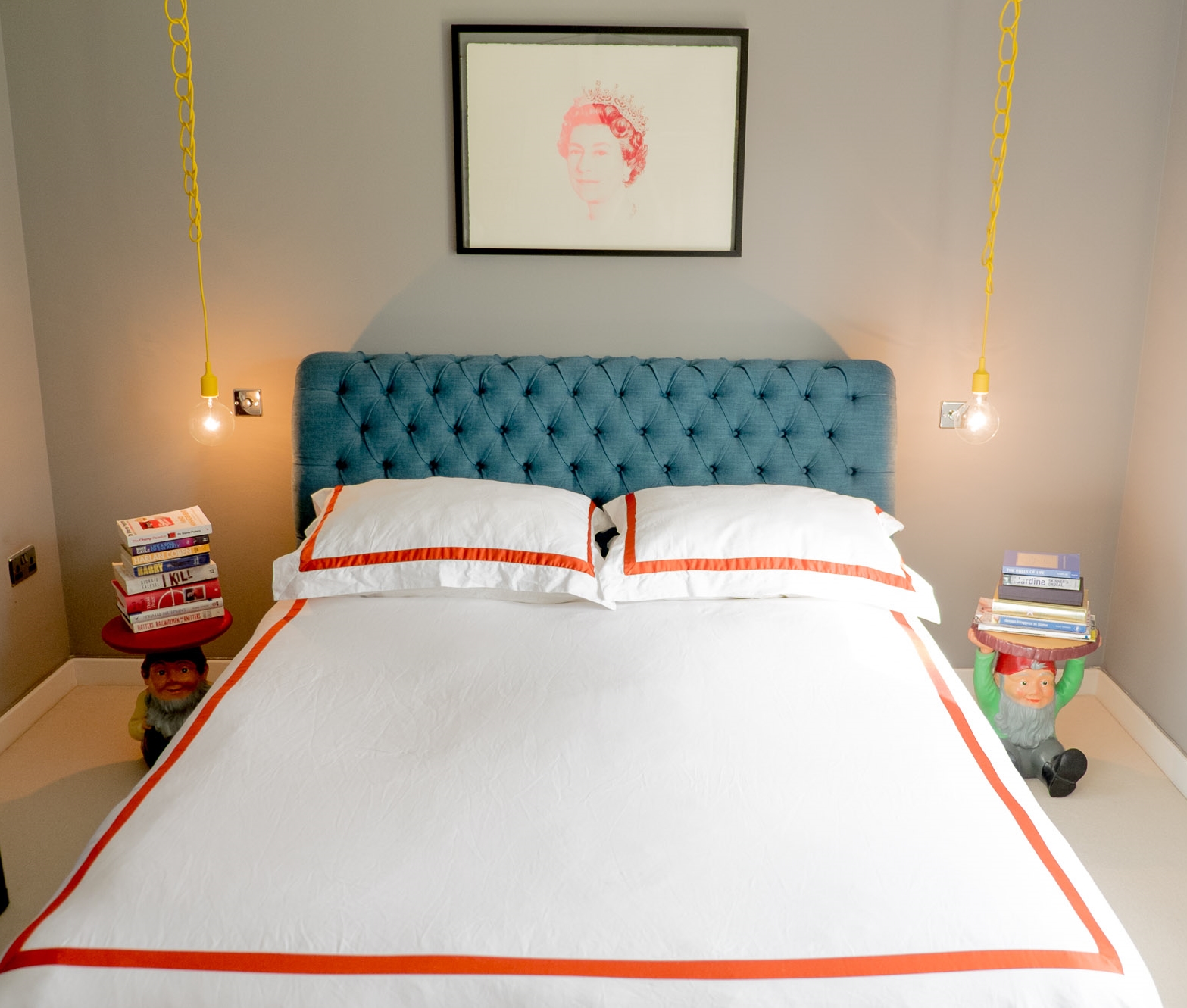 Stella + the Stars' own master bedroom features a striking teal headboard... 