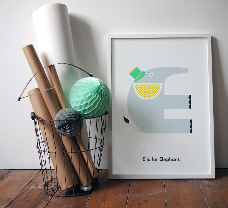 E is for Elephant - one of the lovely designs by artist Emily Forgot and available from Nursery Names. 