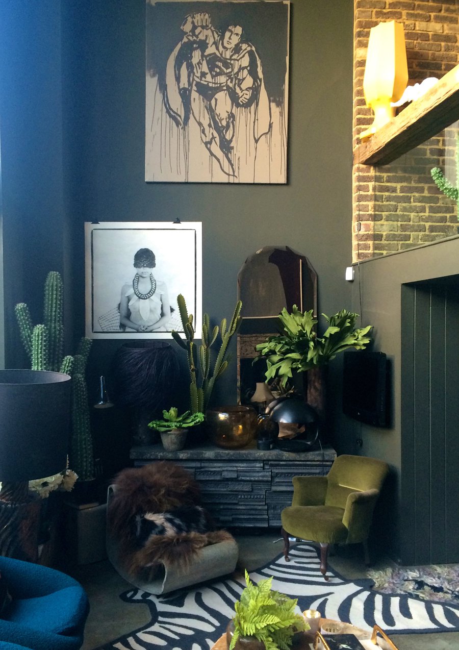 Abigail Ahern's own living room is filled with greenery, mostly faux plants and cacti. It just adds colour and drama to the space. Image Source: Abigail Ahern. 