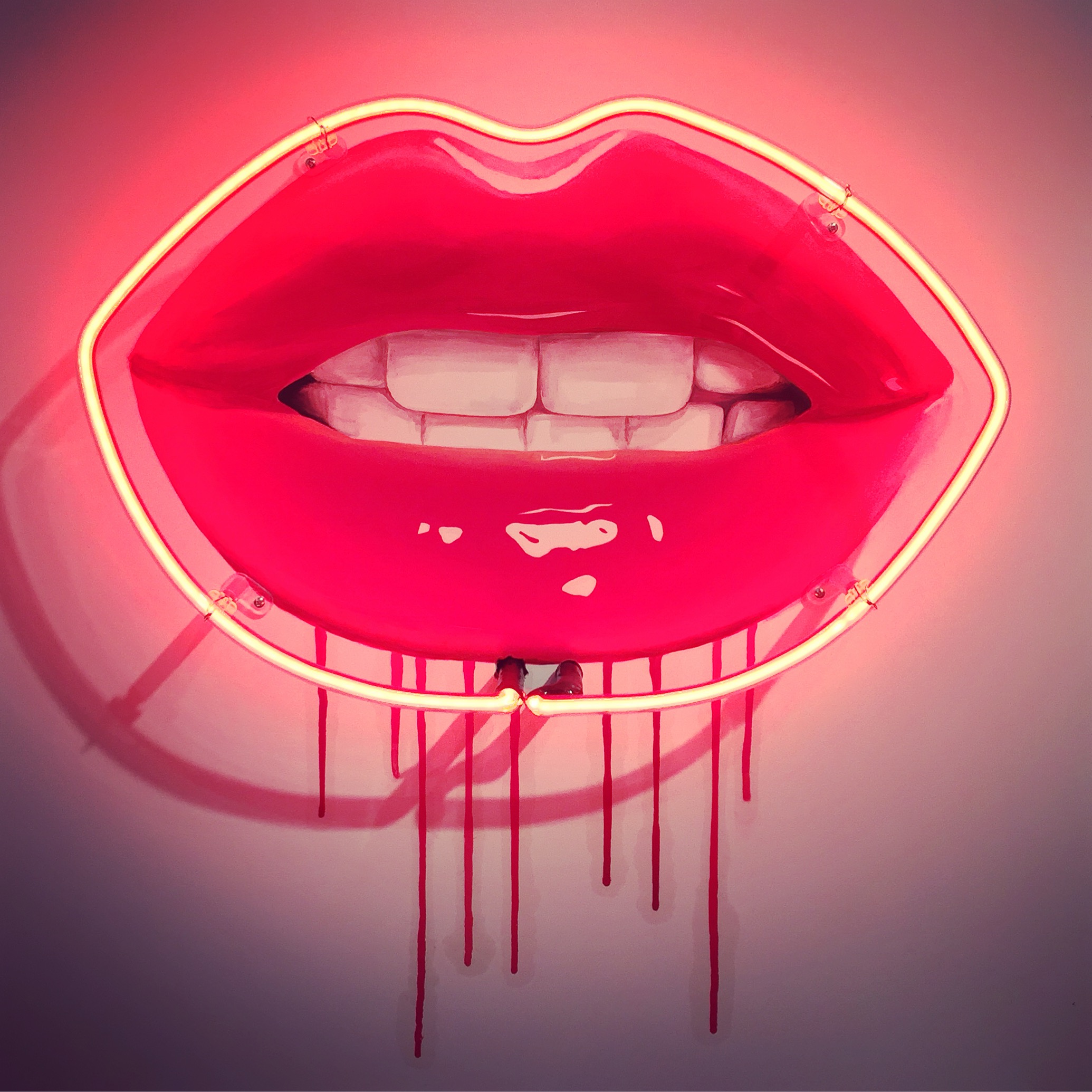 Lips S3 - Steel Kiss - Oil on board with neon light outline, 60x80cm, £3500, George Thornton Art