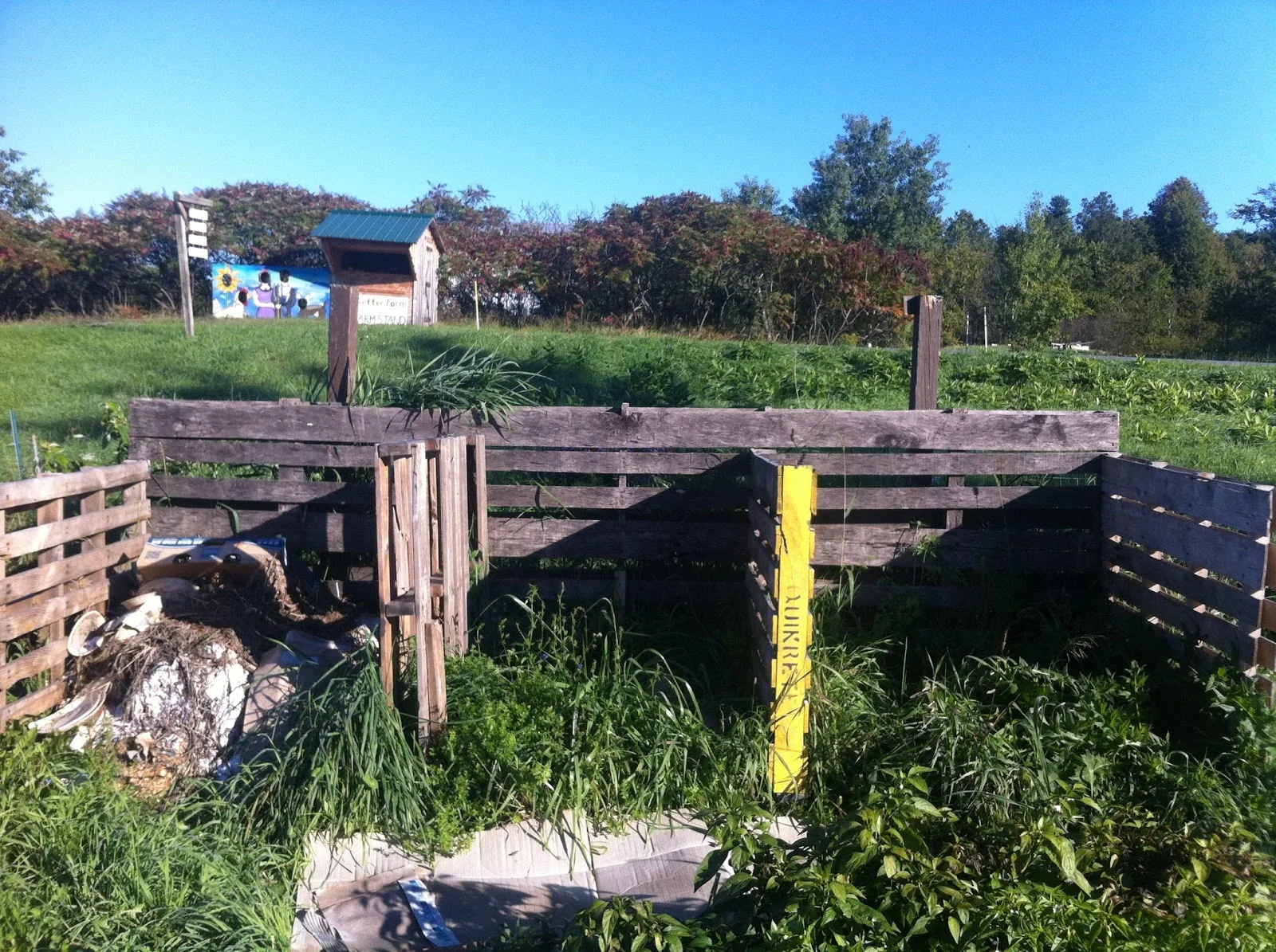 Better Farm's three-tier composting system, constructed with previously discarded pallets.