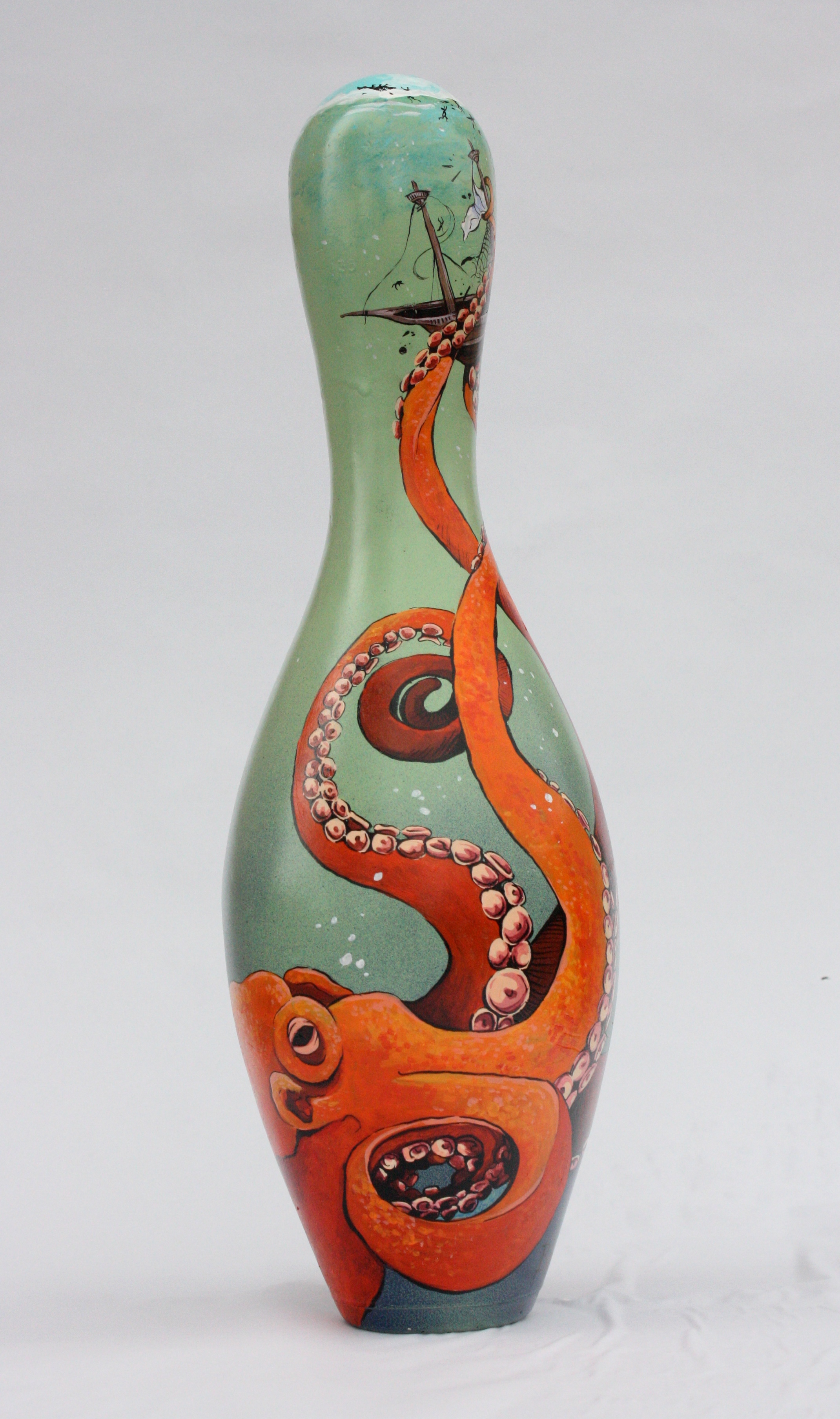 Submerged 2016, acrylic & spray paint on bowling pin Donation for Bowl for Brain Strong fundraiser on April 2, 2016.