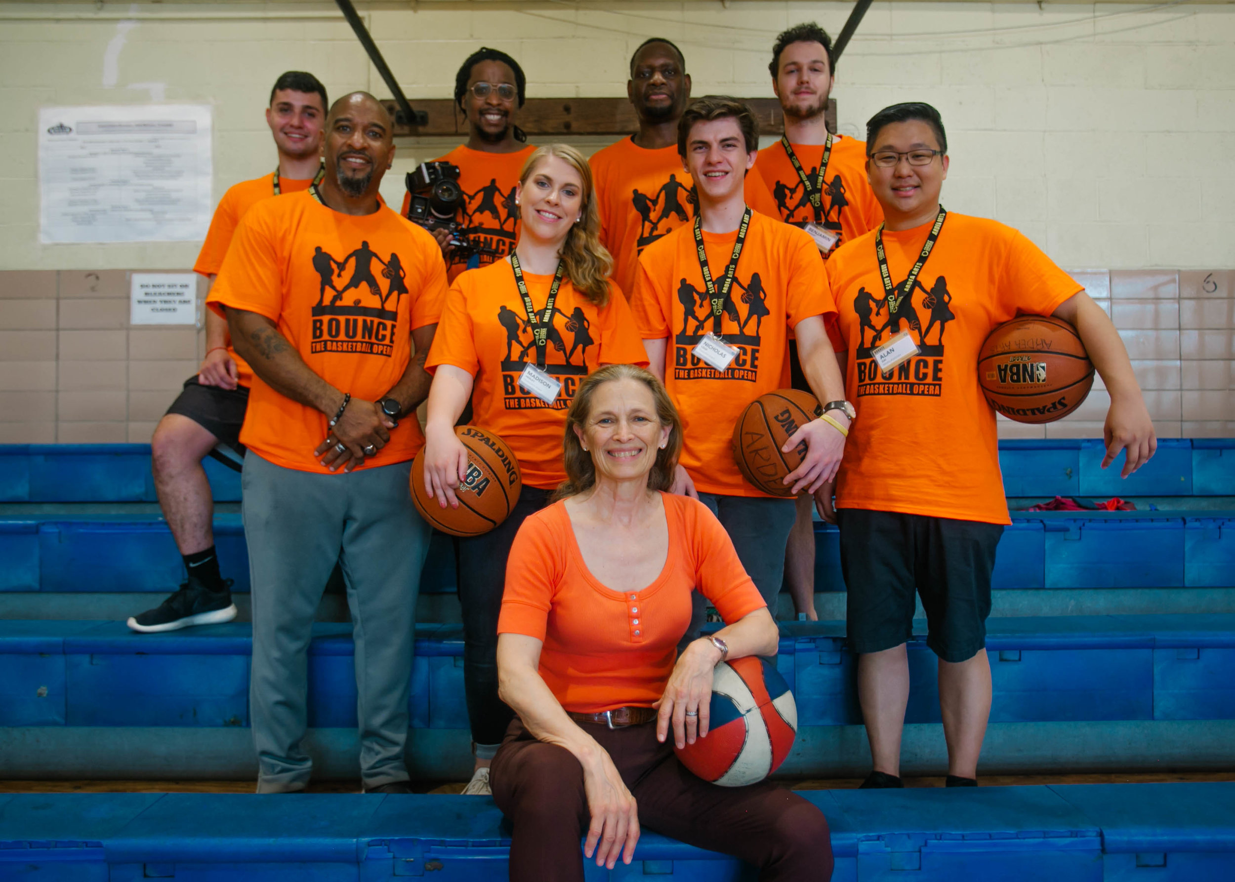 Our Summer 2018 interns, the staff, and representatives from Each One Teach One—our Harlem community partner—pose for a group photo on June 2, 2018 after auditioning basketball players for BOUNCE.