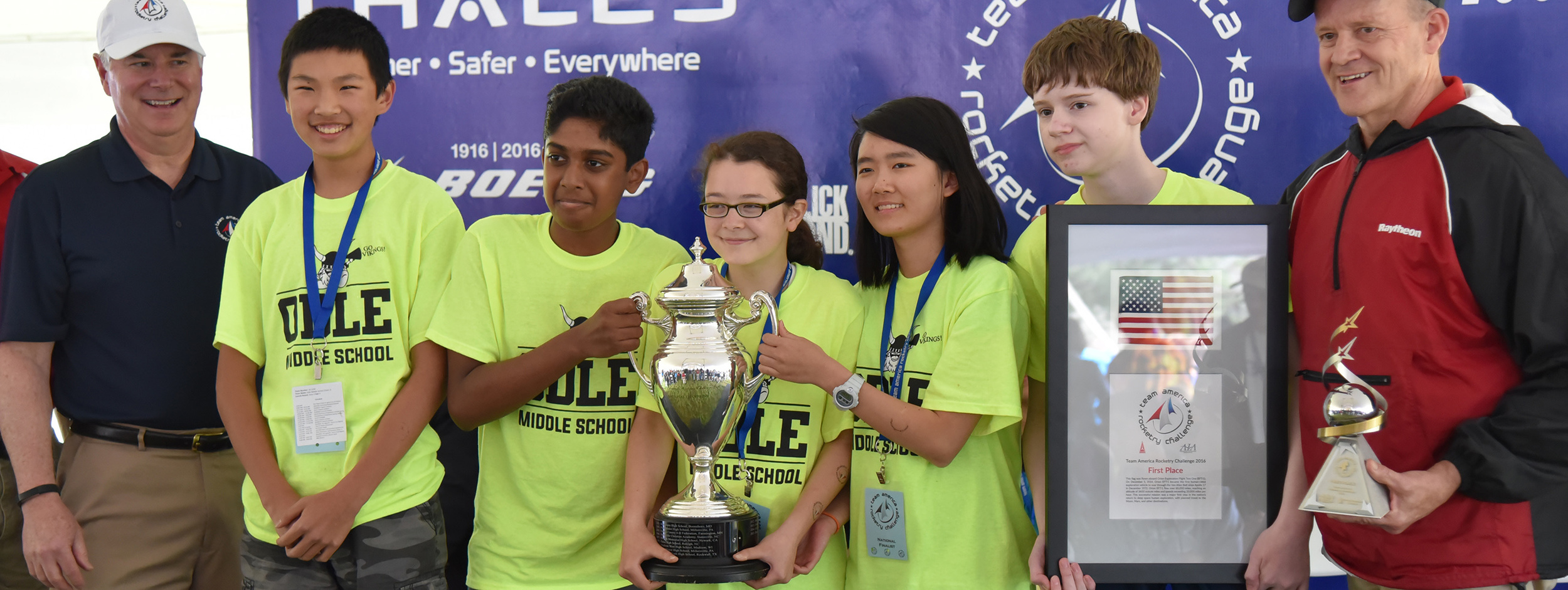 Teammates pose at the 14th annual Team America Rocketry Challenge (TARC) National Finals at Great Meadow in The Plains, V.A.