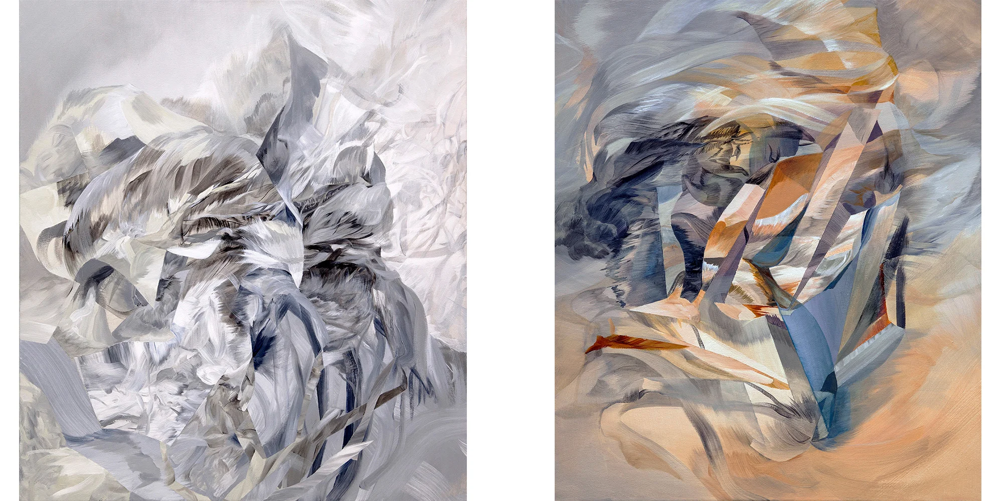 (left to right) Staggered Acts , acrylic on canvas, 36” x 32”, 2018 and Digger’s Mantra , acrylic on canvas, 28” x 24”, 2018