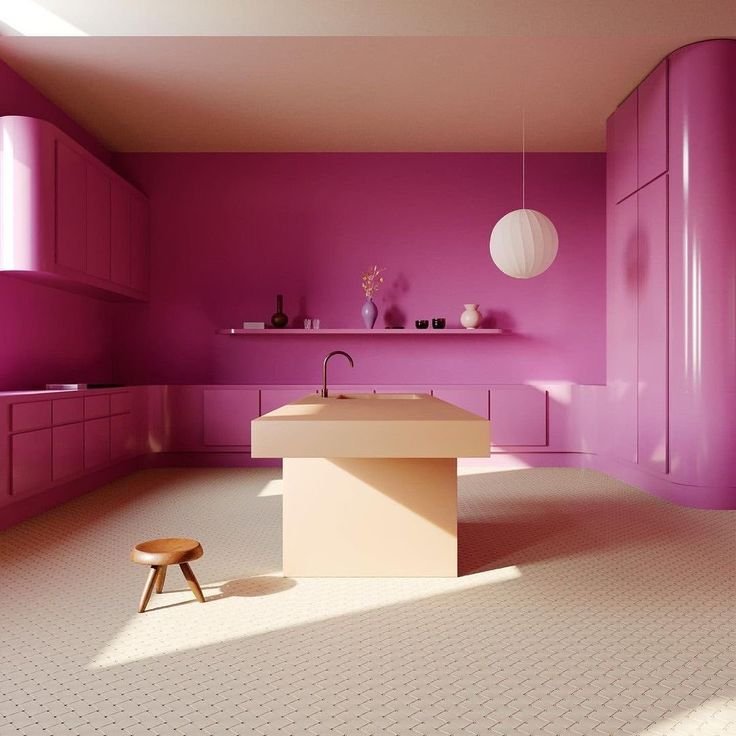  Pink lacquer kitchen minimalist vibe 