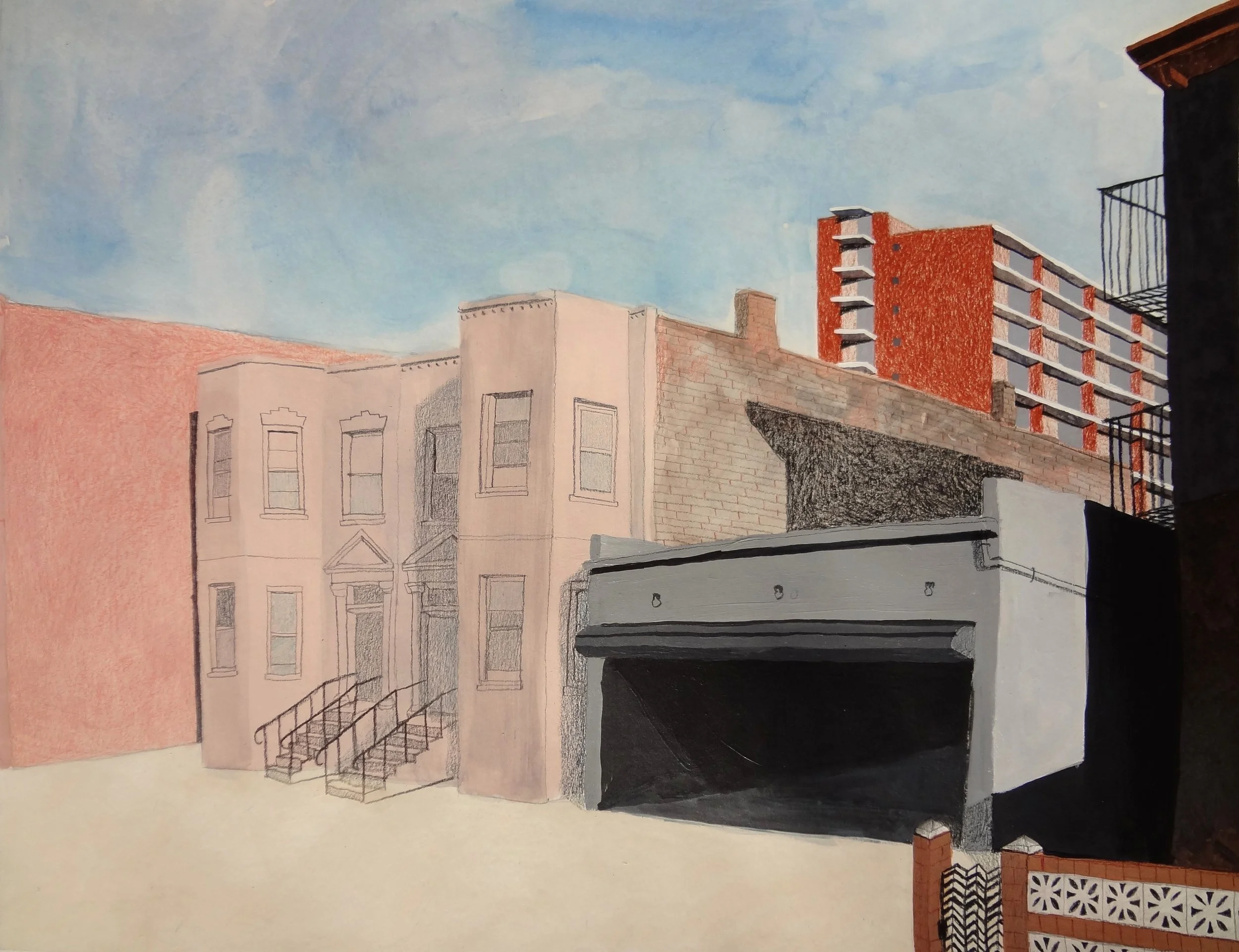 "High Rise Palimpsest 2", mixed media on paper, 16"x13", 2015