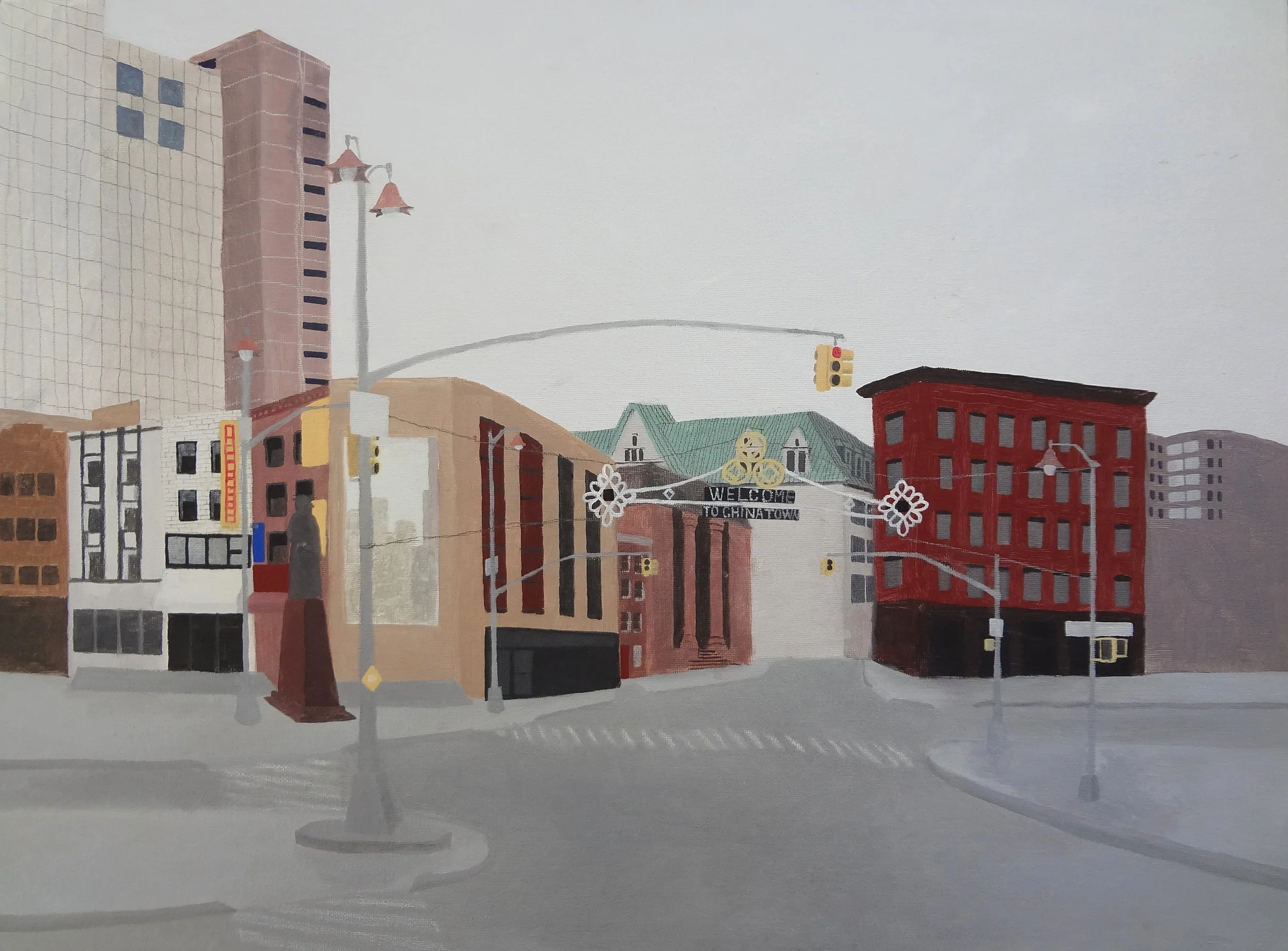 "Welcome to Chinatown 1", oil and pencil on canvas board, 24"x18", 2016