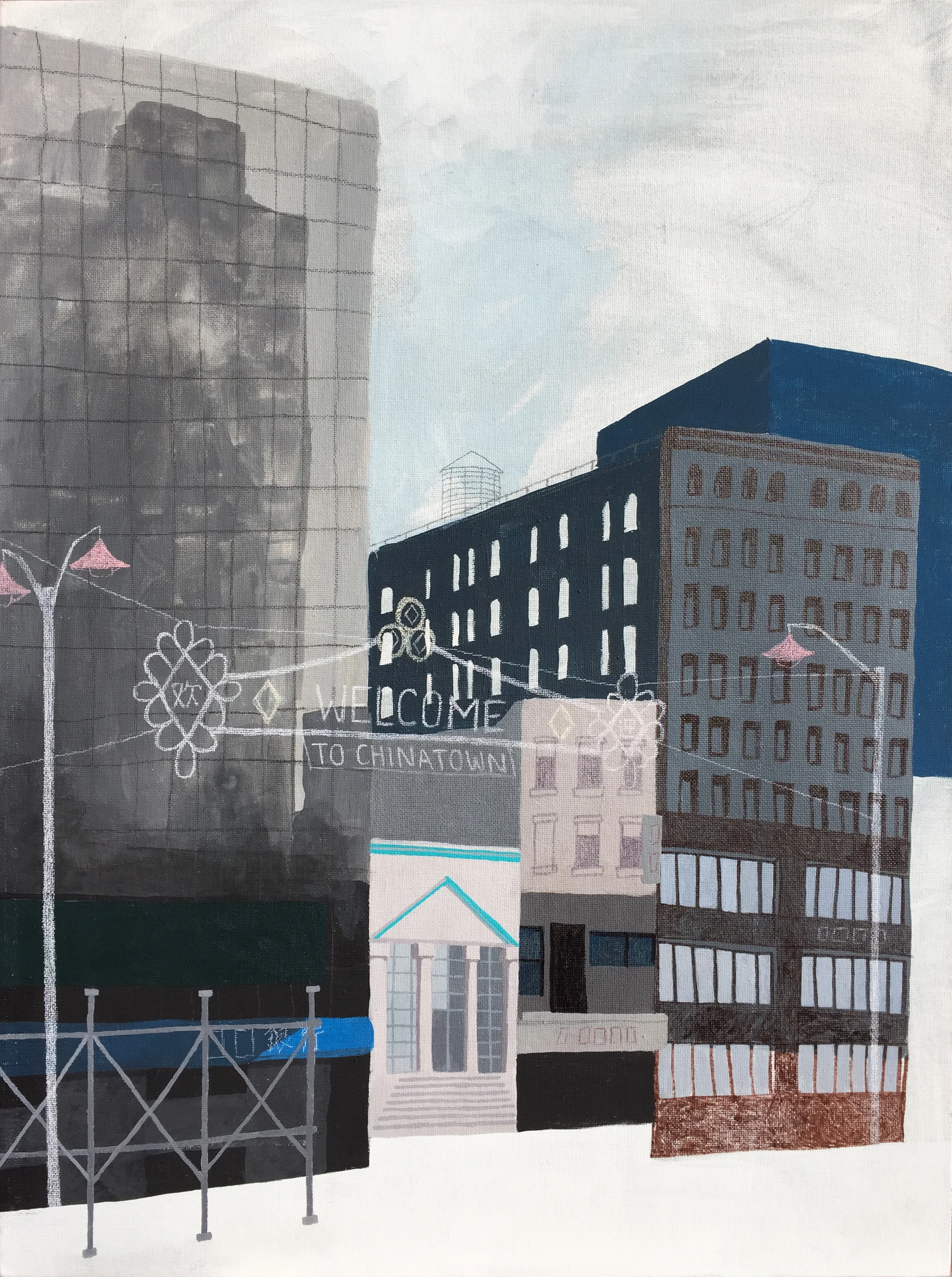 "Welcome to Chinatown 3", mixed media on canvas board, 18'x24", 2017 