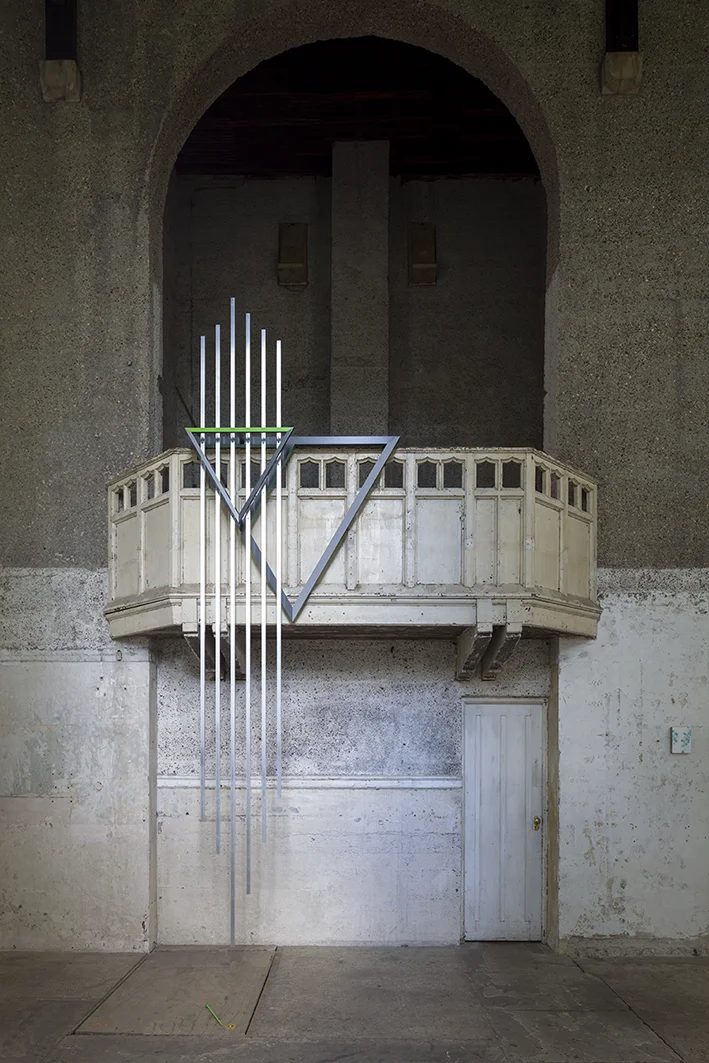 Prime 2015. Welded powder coated aluminium and mixed media and sound work composed by Isha Bohling. 13 minutes, looped. Sculpture created through collaboration with Ian Monroe, for a site specific project ' Between Thought and Space' Dilston Grove London.