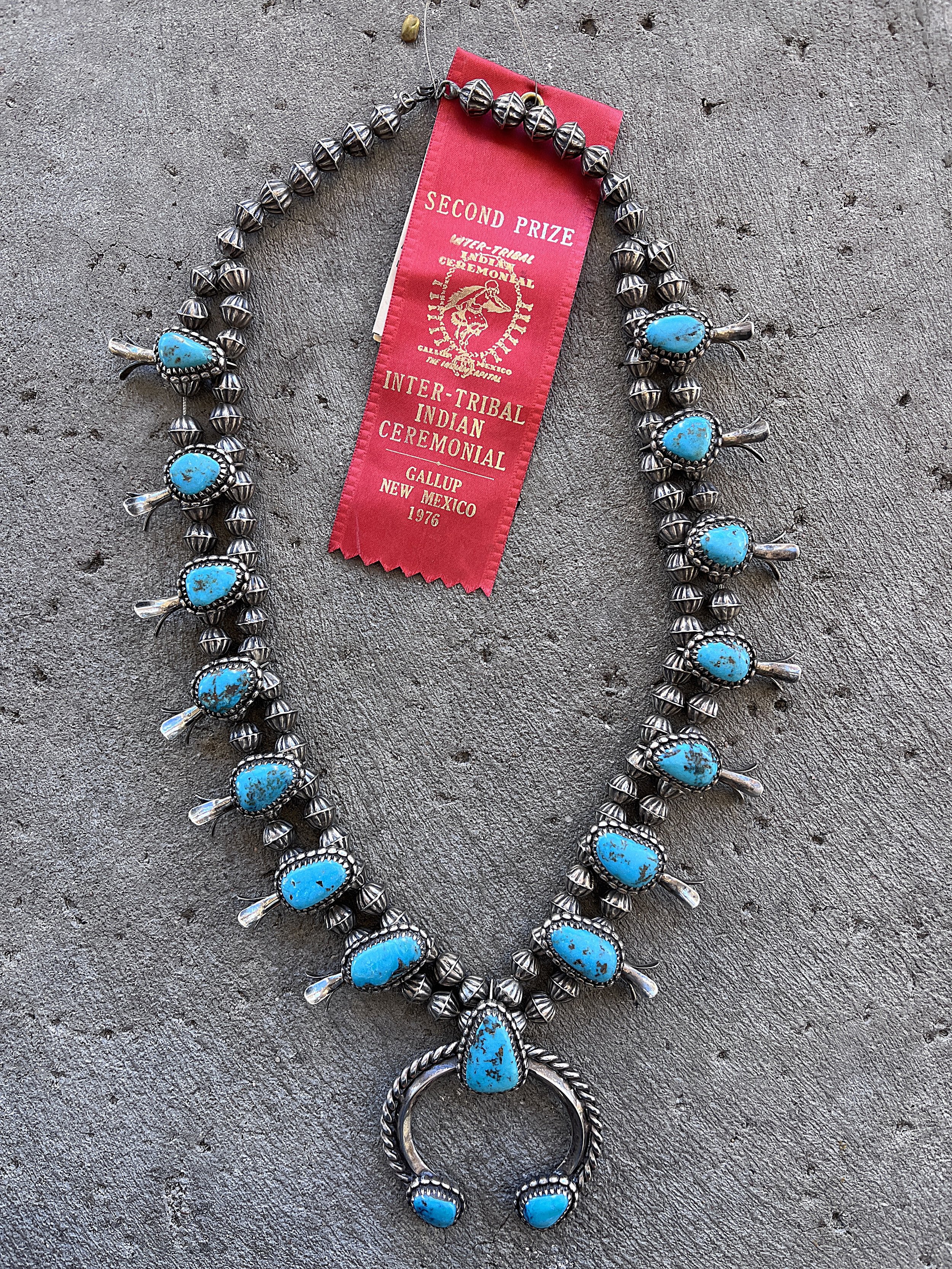 Native American Sterling Silver Kingman Turquoise Squash Blossom Necklace  Set - PuebloDirect.com