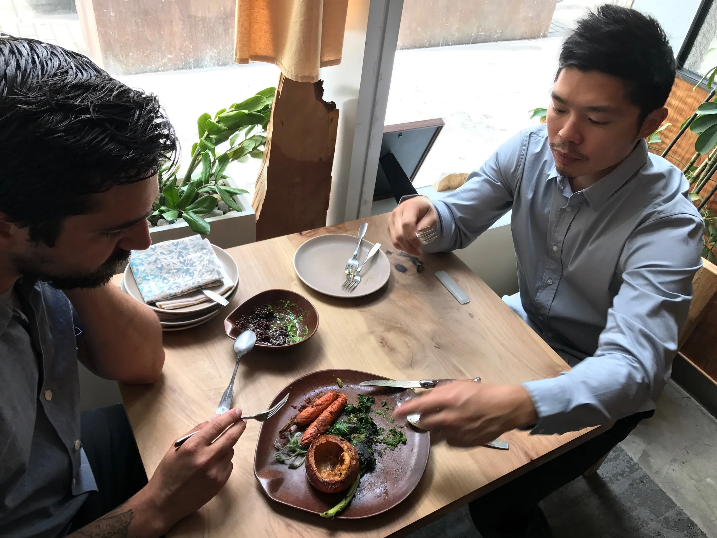 Just a couple of co-chefs sharing a vegetarian barbecue platter. Smoked meat also available. 