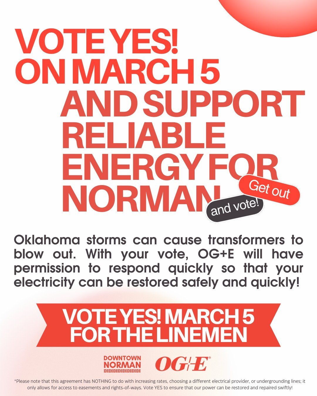 TOMORROW is the day to vote YES! for the linemen! 🔌💡 Emergencies don't wait for office hours. Renewing the OG&amp;E agreement will ensure a quick response when unexpected situations and outages occur. Support OGE+E's ability to access easements for