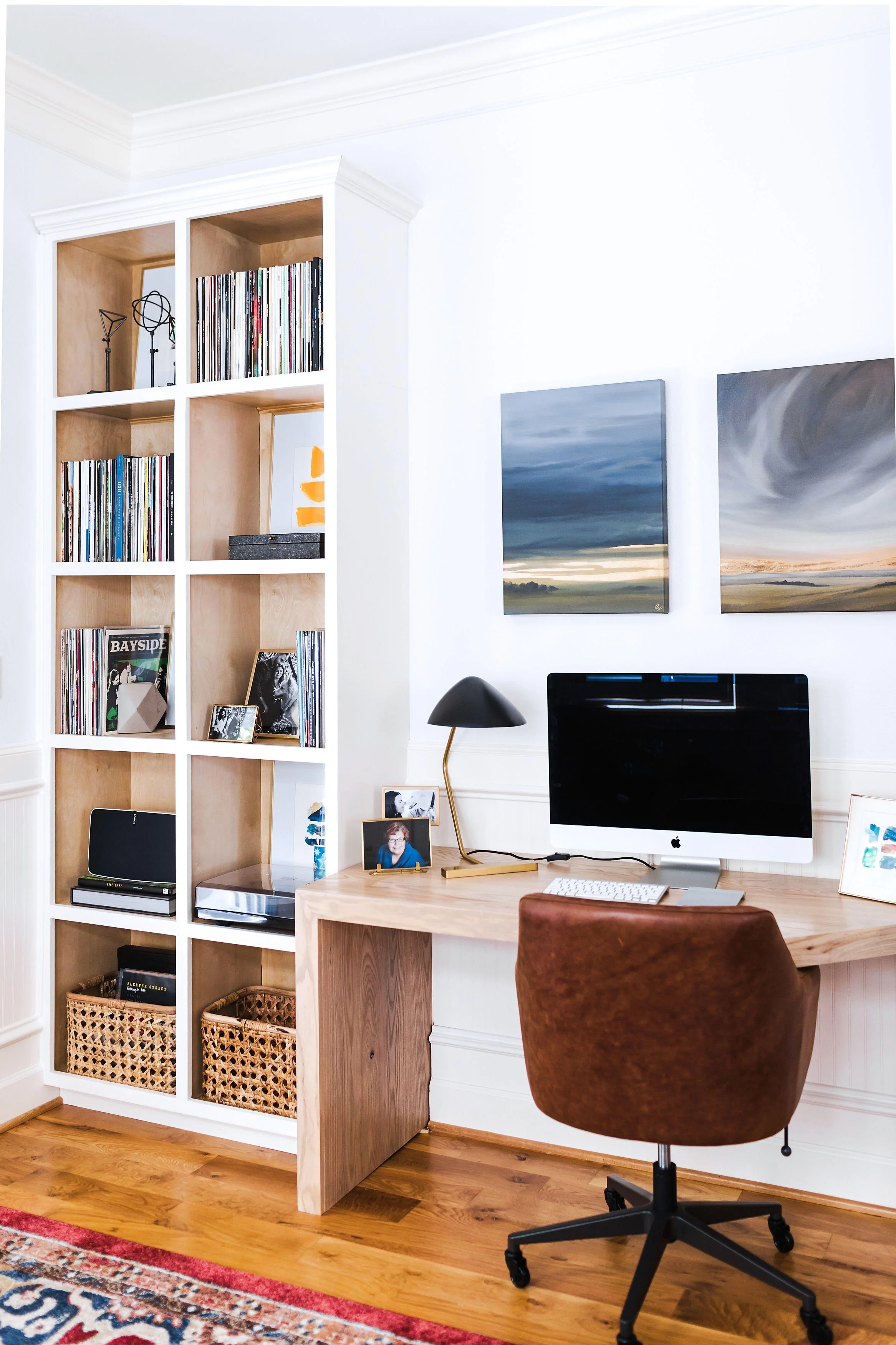 Featuring stretched prints, Toward and Sky Meadows. Office design by Katie Davis Design , photo by Melissa Fitzgerald.