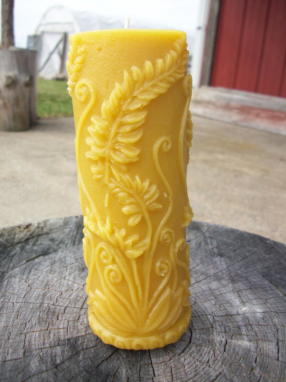 Beeswax Candle- fern leaf cylinder pillar — Honeyrun Farm