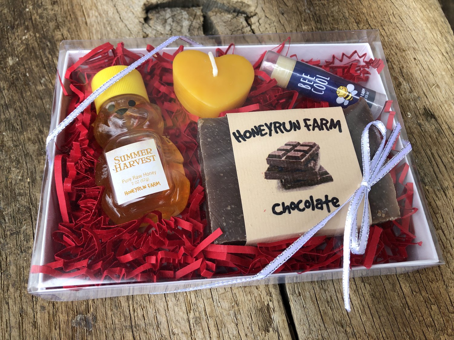 Valentine's Gift Box- small 2 oz honey bear, chocolate soap, candle, lip  balm — Honeyrun Farm